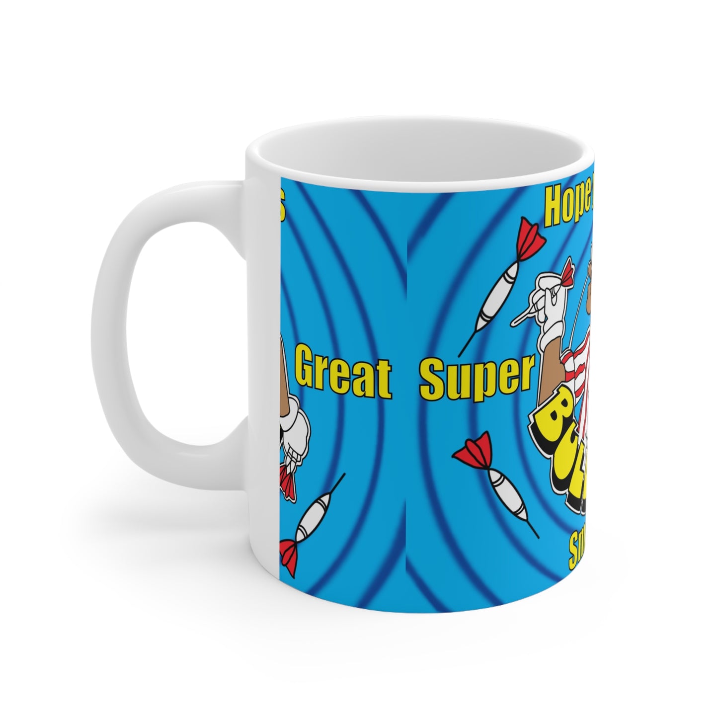 Bullseye Darts Coffee Mug — 'Smashing Bullseye' Retro Cartoon 11oz/15oz Ceramic Mug