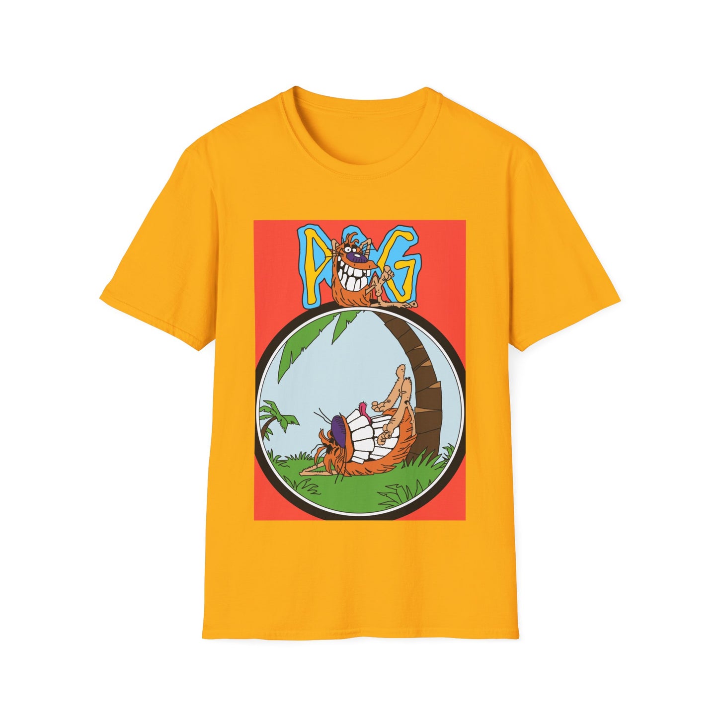 90s T-Shirt — "Pog" Graphic: Relaxing Pog in Hammock Tropical Tee