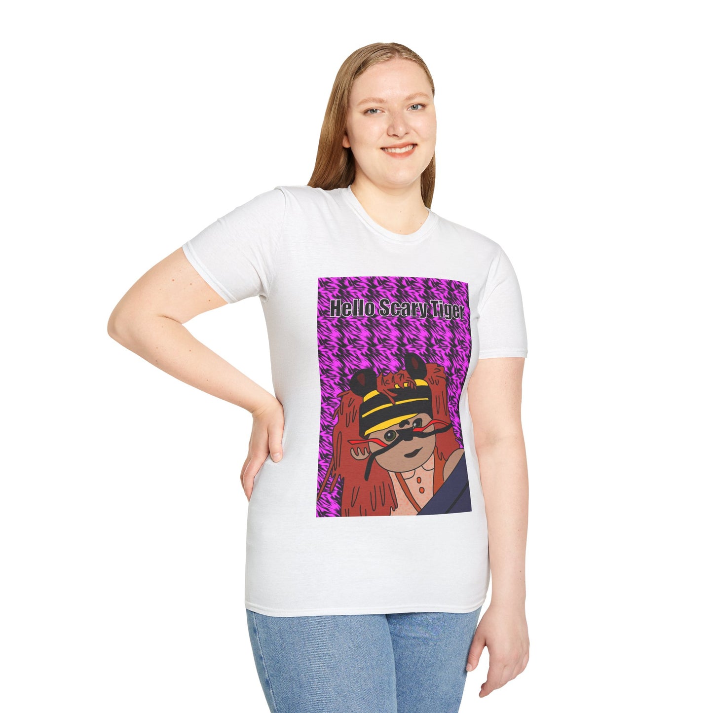 Graphic T-Shirt — "Hello Scary Tiger" Retro Punk Cat Design