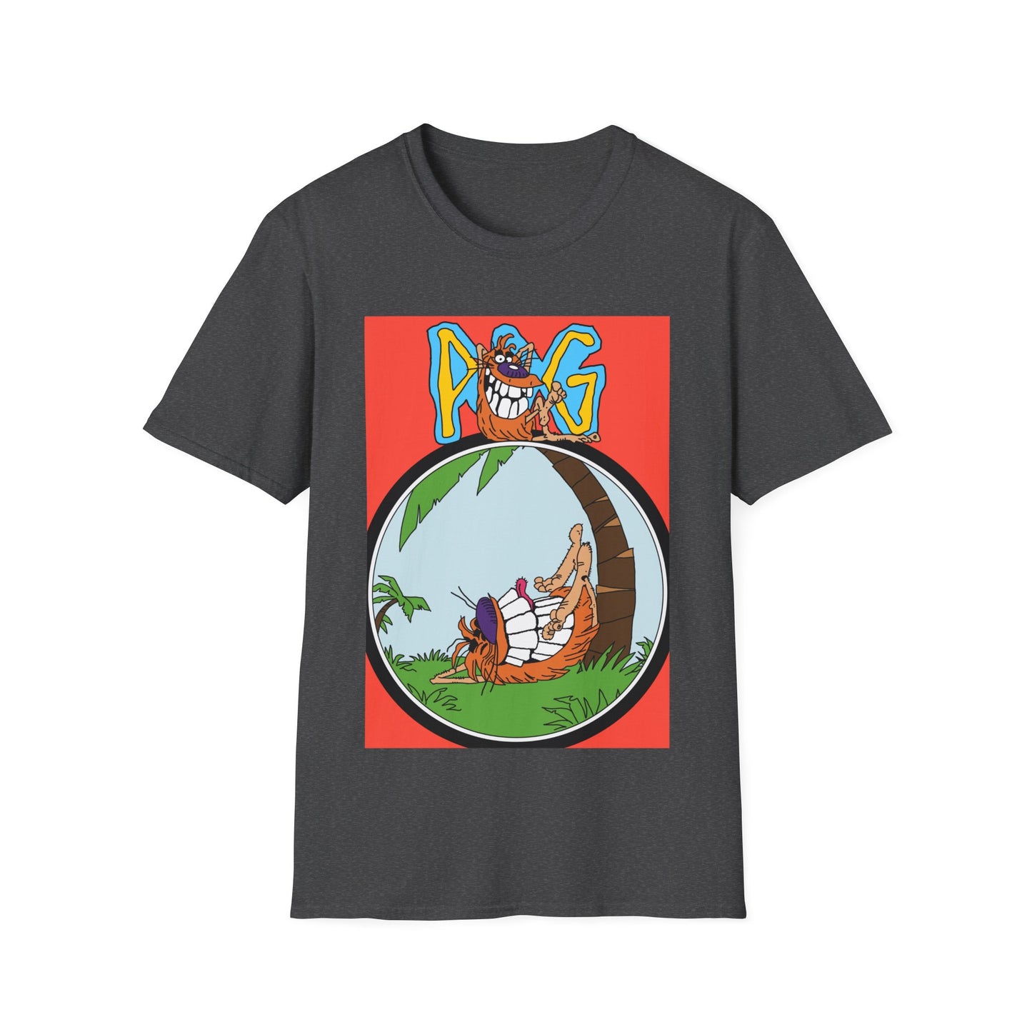 90s T-Shirt — "Pog" Graphic: Relaxing Pog in Hammock Tropical Tee