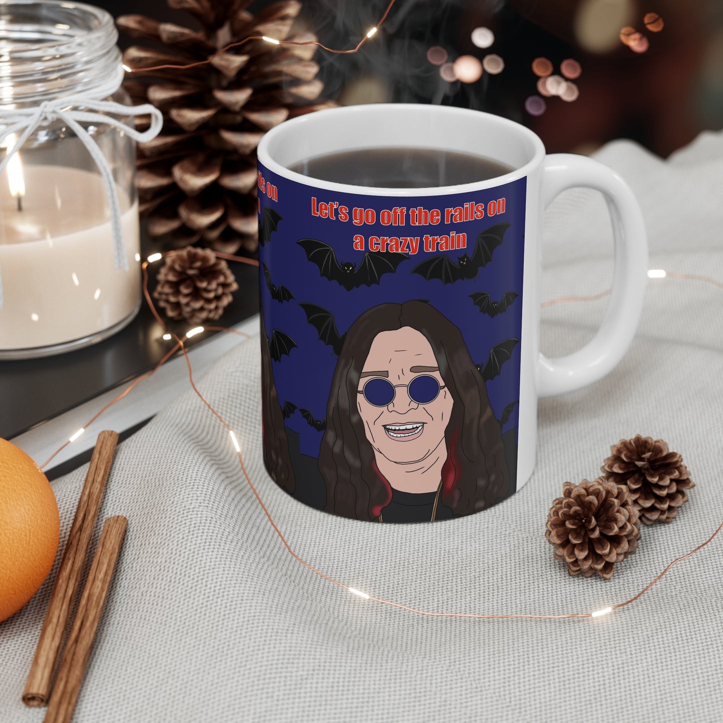 Ozzy Osbourne Cartoon Mug — "Let's Go Off the Rails on a Crazy Train" Ceramic Coffee Cup