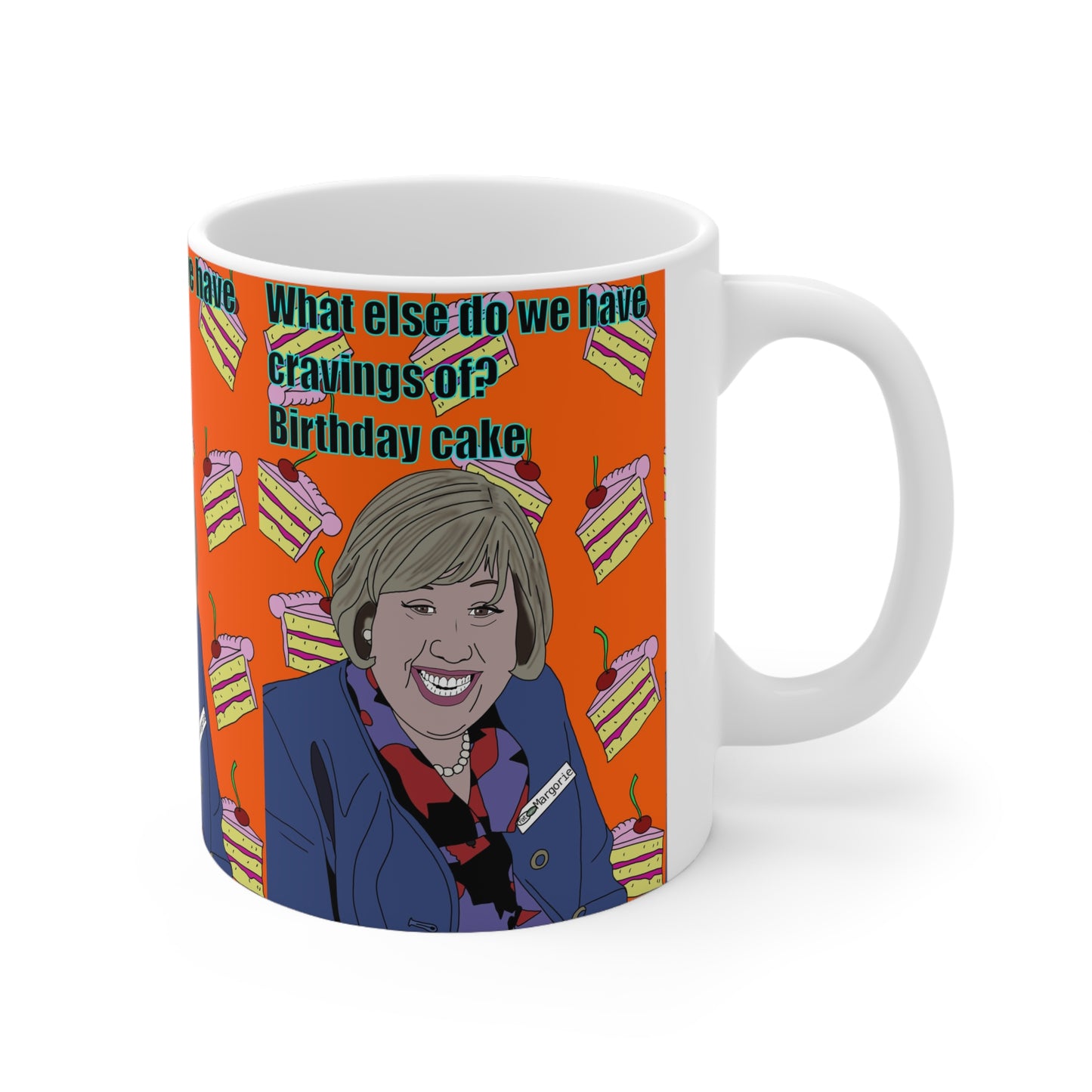 Marjorie Doors Birthday Cake Pattern Coffee Mug — Funny Retro Portrait Design