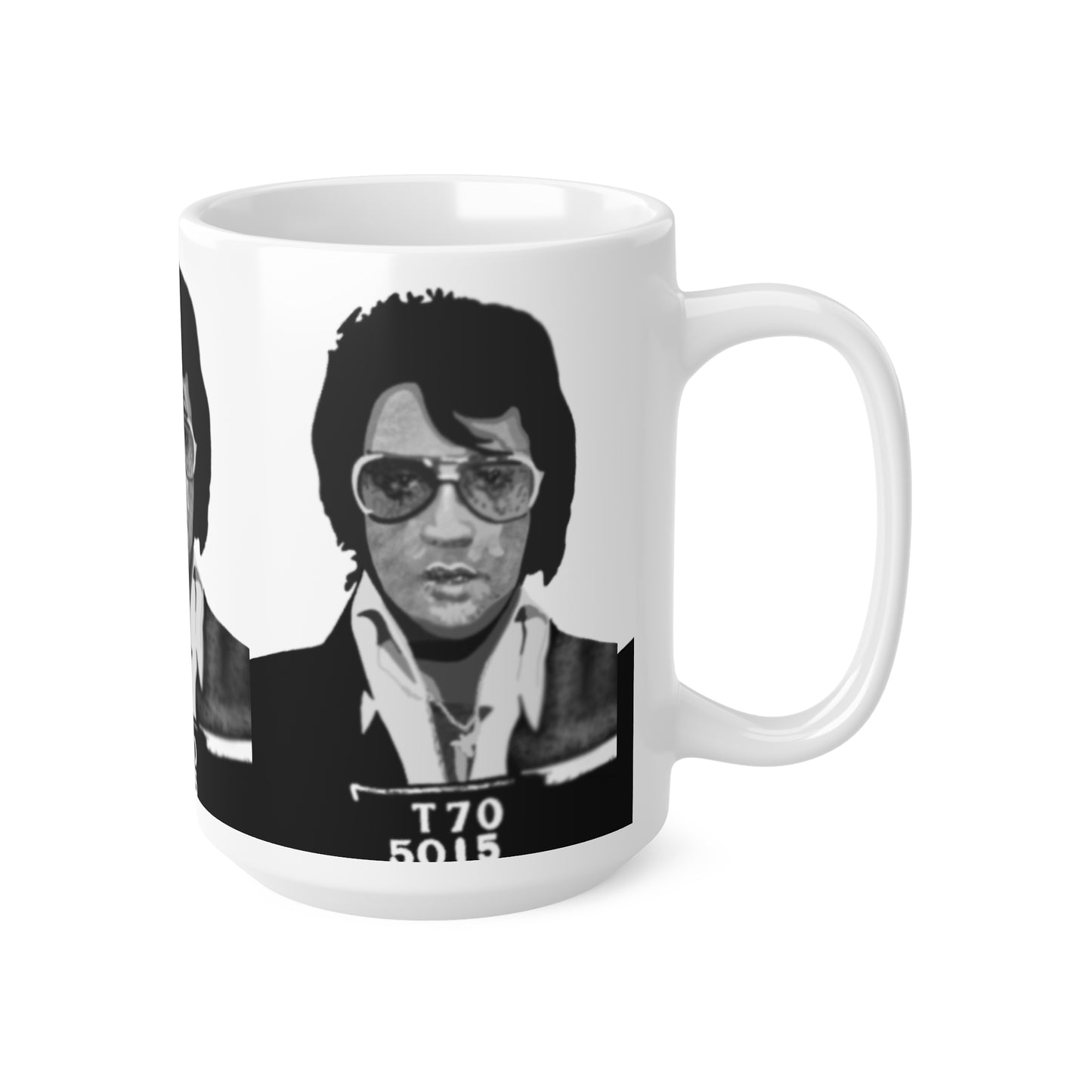 Elvis Mugshot Retro Black & White Mug — Vintage Rock Celebrity Portrait Ceramic Coffee Cup