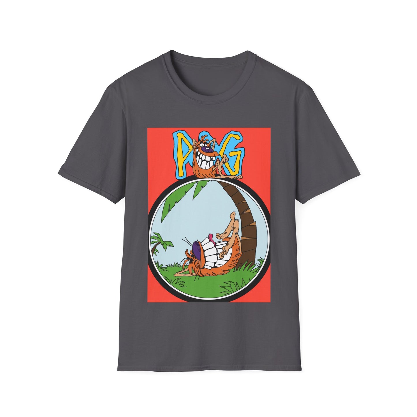 90s T-Shirt — "Pog" Graphic: Relaxing Pog in Hammock Tropical Tee