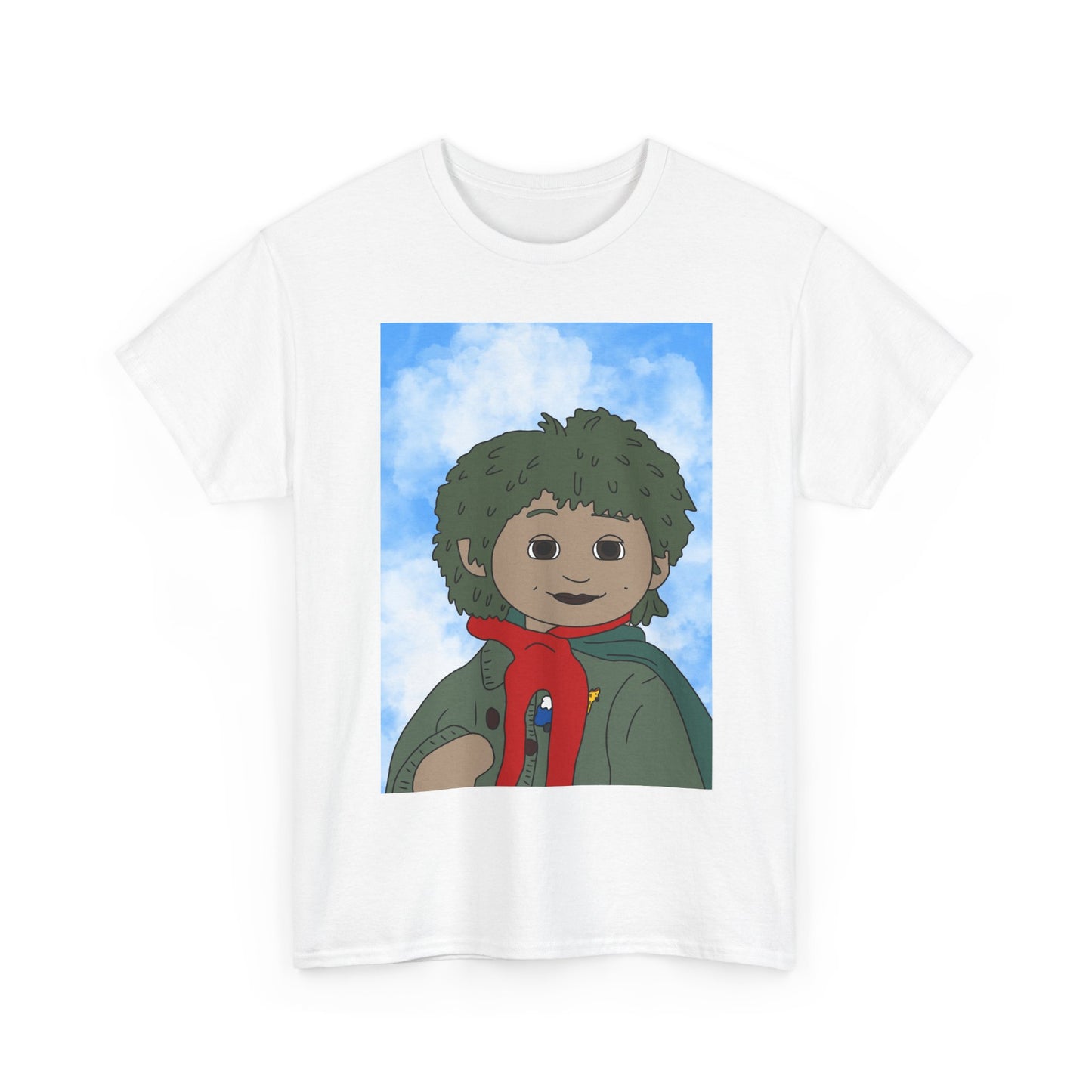Cute Cartoon Tiny Graphic Tee — Red Scarf Sky Background