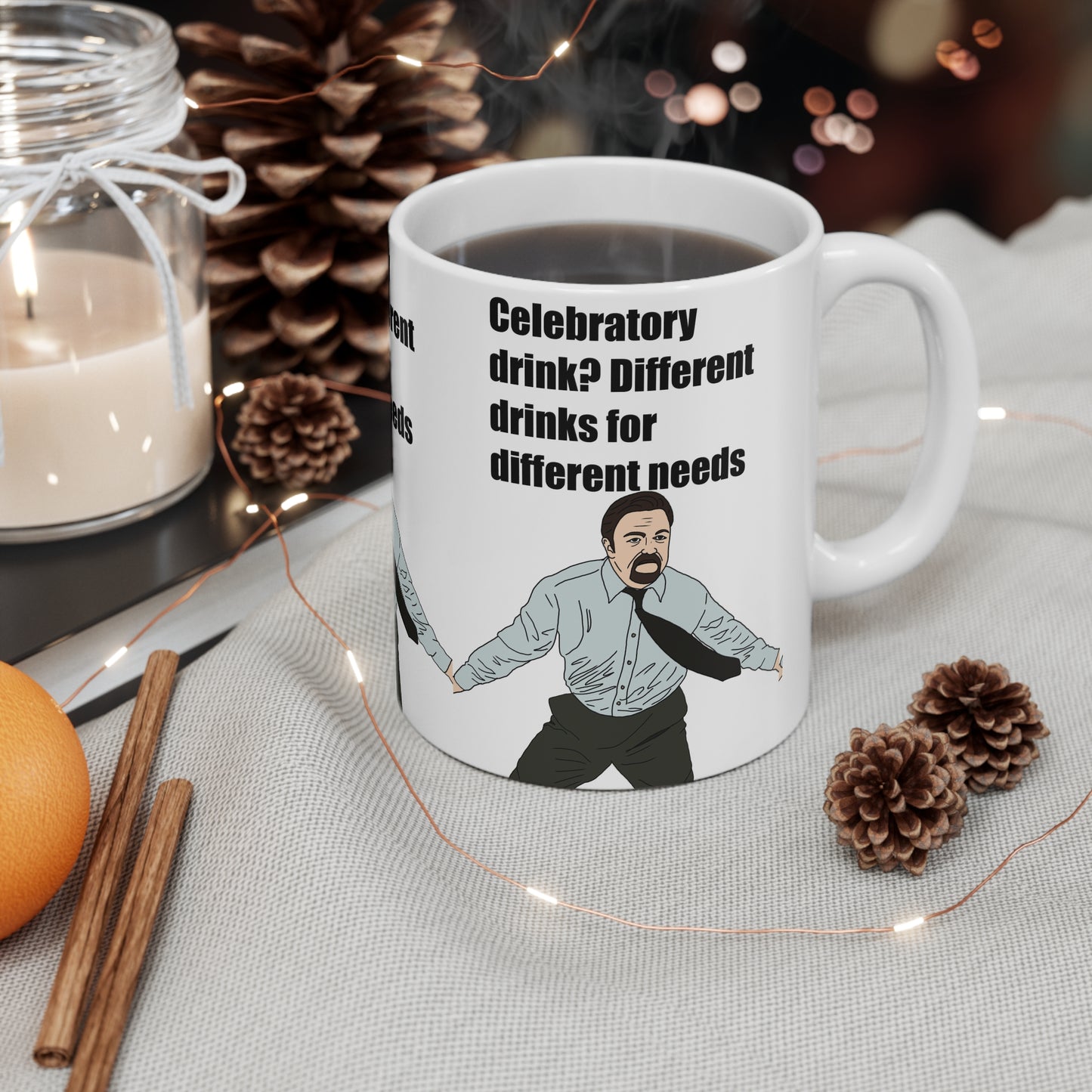 David Brent The Office Coffee Mug — "Celebratory drink? Different drinks for different needs" Illustrated Office Humor 11oz/15oz