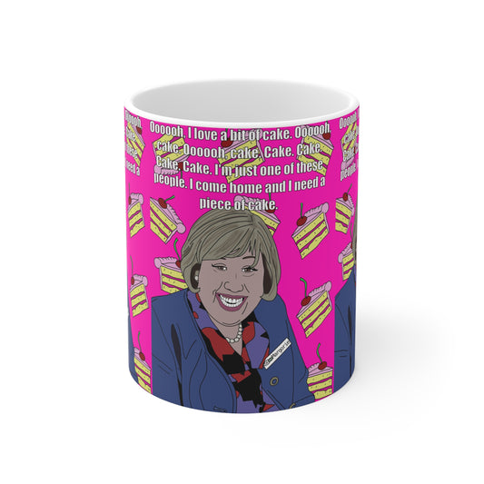 Marjorie Doors Cake Quote Mug — 'I Love a Bit of Cake' Ceramic Coffee Cup