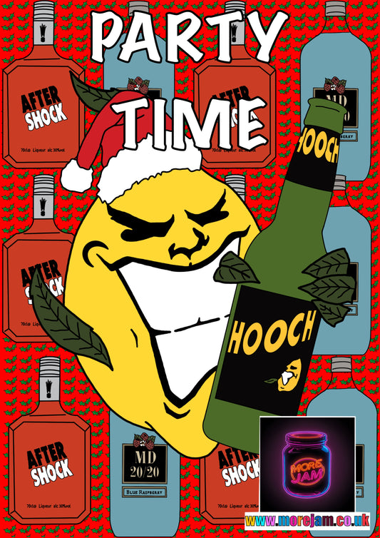 Cartoon character with a Santa hat surrounded by liquor bottles and 'Hooch' text on a red background.