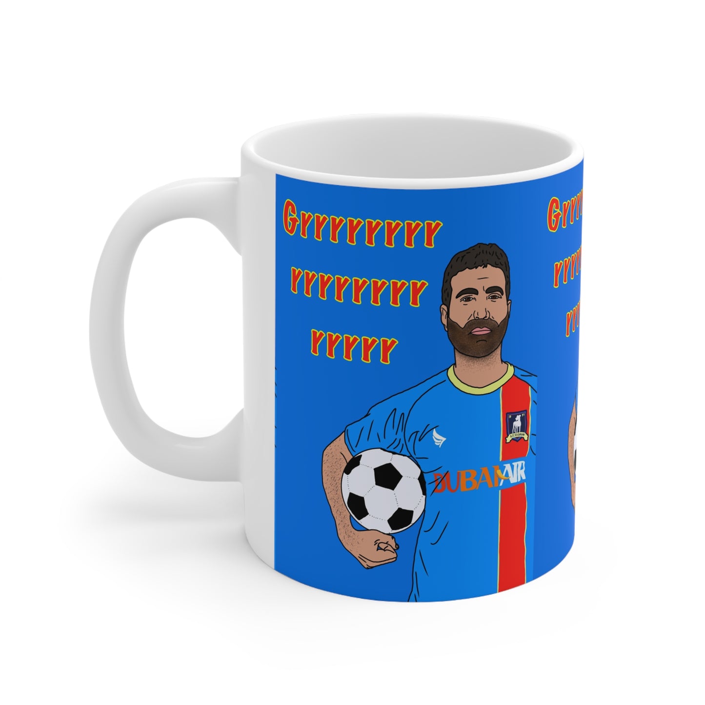 Ted Lasso Soccer Fan Mug — IllustratedRoy Kent with Ball, 'Grrrrrrrr' Graphic Coffee Cup