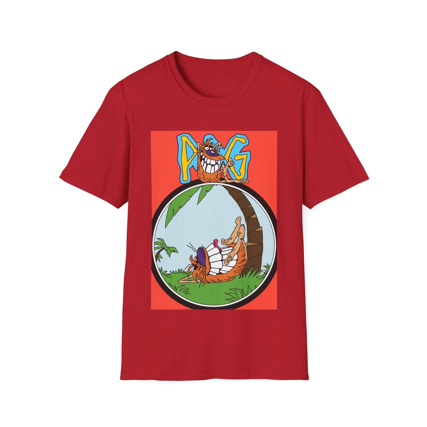 90s T-Shirt — "Pog" Graphic: Relaxing Pog in Hammock Tropical Tee
