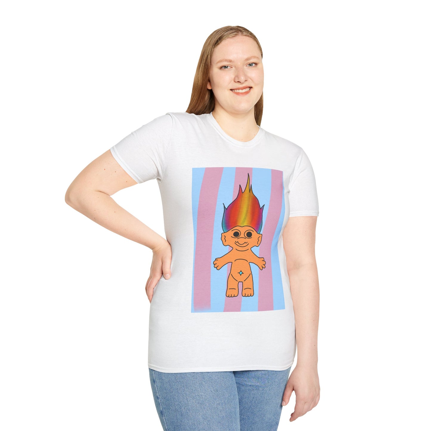 90s Retro Rainbow Troll T-Shirt — Colorful Flaming Hair Cartoon Tee