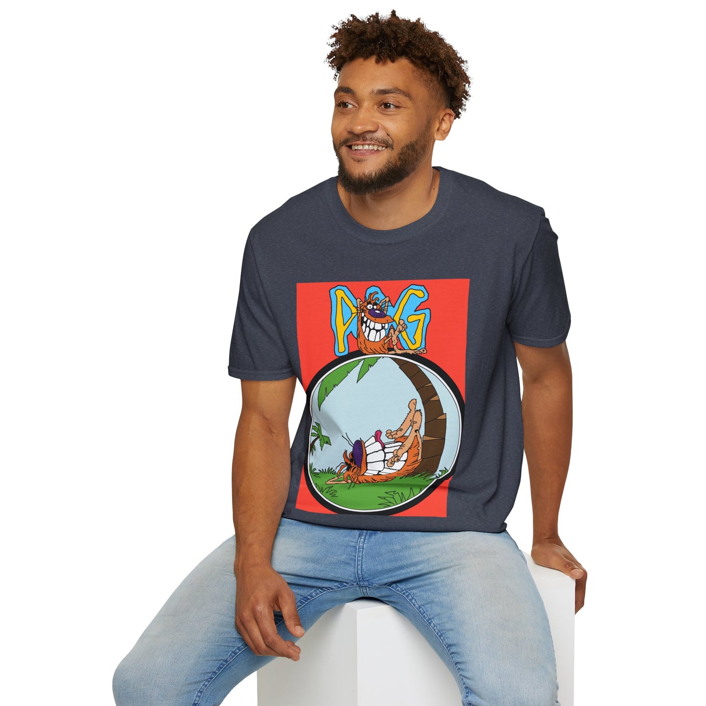90s T-Shirt — "Pog" Graphic: Relaxing Pog in Hammock Tropical Tee