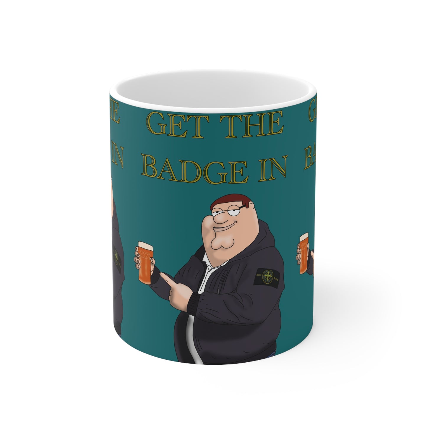 Stone Island Badge Ceramic Mug — 'Get the Badge In' Funny Cartoon Guy Beer Coffee Cup