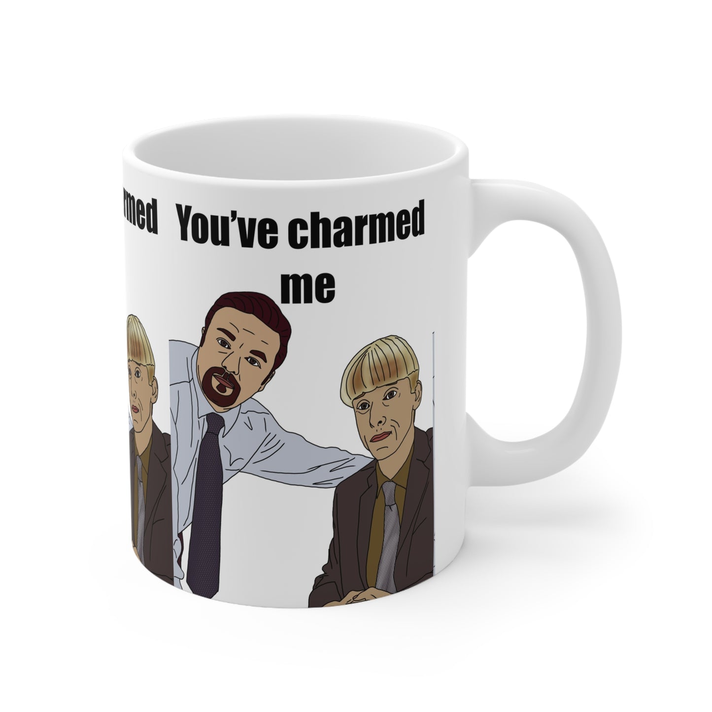 Gareth Keenan & David Brent You’ve Charmed Me Mug — Funny The Office Coffee Cup with Cartoon Colleagues