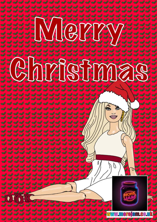 Barbie doll in a Santa hat with 'Merry Christmas' text on a red background