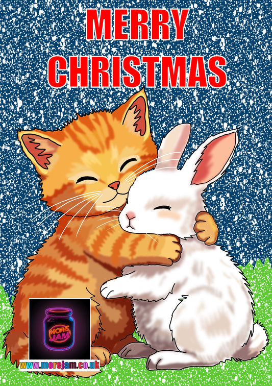 Cartoon cat and rabbit hugging with 'Merry Christmas' text and a jar of jam on a blue snowy background.