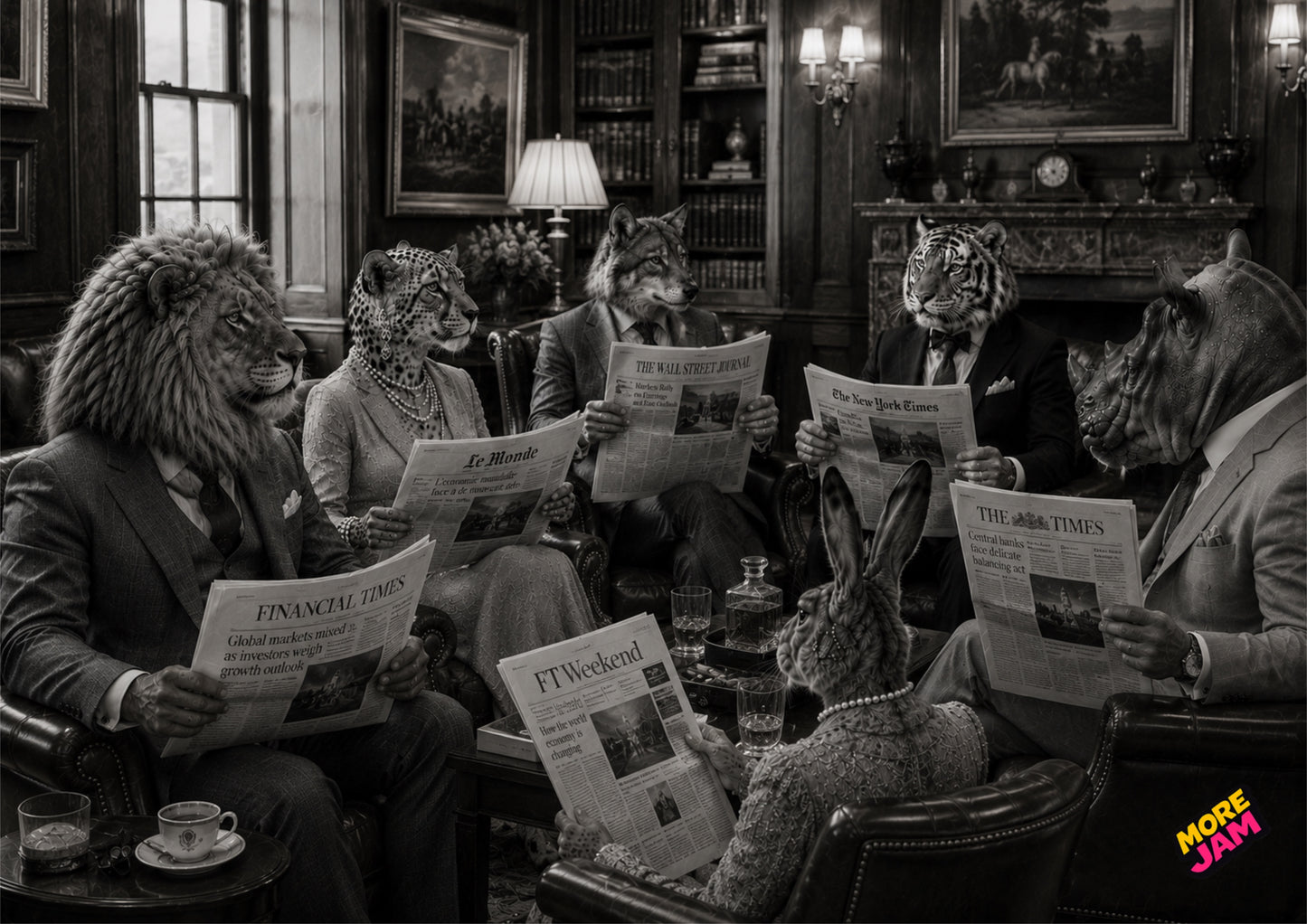 Sophisticated Reading News In Leather Club Lounge UK | Unique A4 Wall Art | More Jam