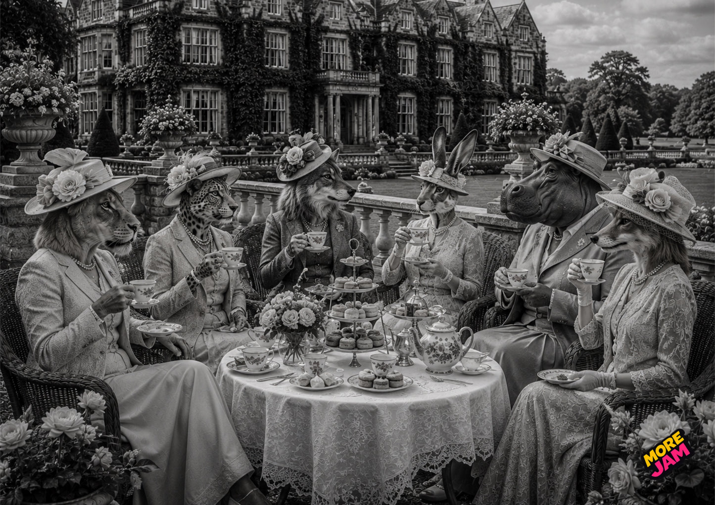 Sophisticated Afternoon Tea Outside Manor House Print UK | Unique A4 Wall Art | More Jam