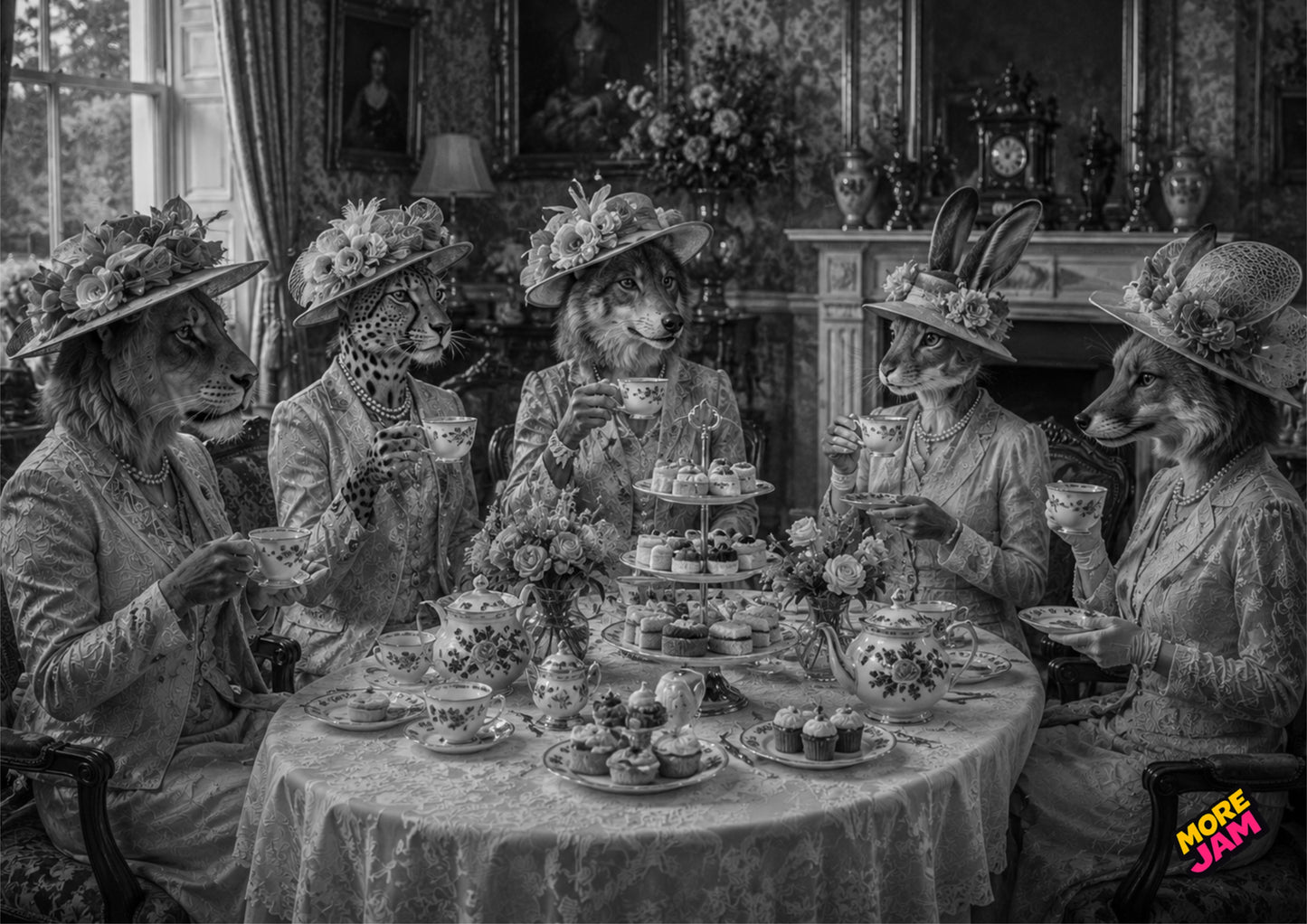 Sophisticated Afternoon Tea Inside Manor House Print UK | Unique A4 Wall Art | More Jam