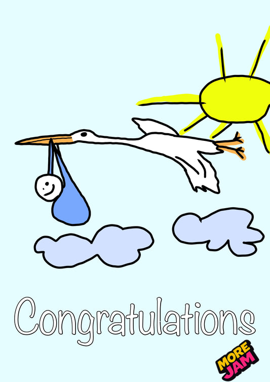 Stork With Boy Card | New Baby Card | More Jam