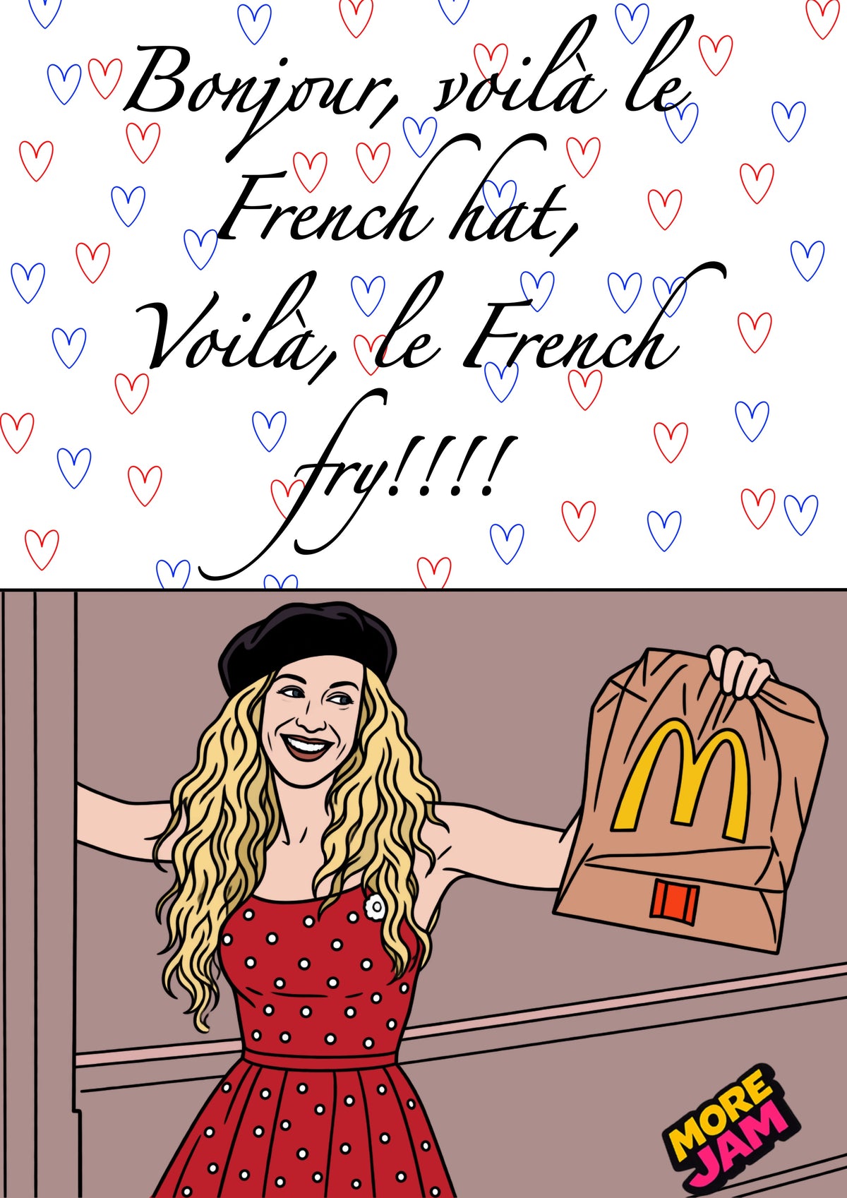 Carrie Bradshaw Bonjour, voilà le French hat, Voilà, le French fry!! | Sex and the City Card | More Jam
