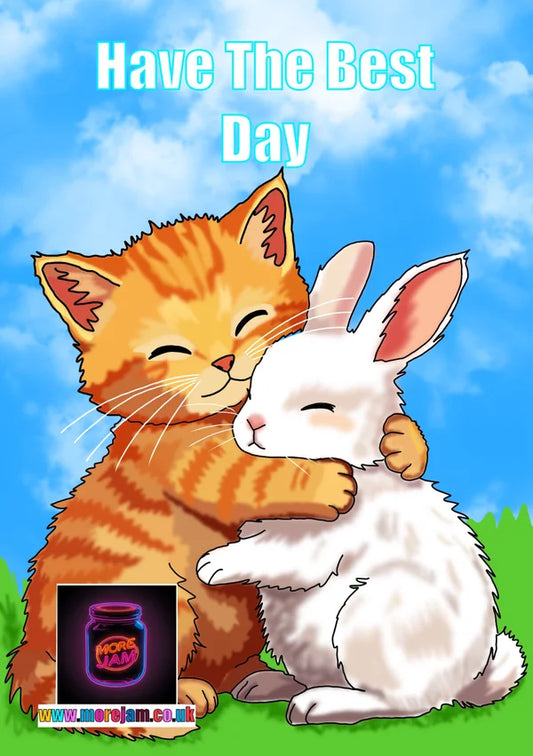 Cute Cat and Rabbit | Cute Any Occasion Greetings Card | More Jam