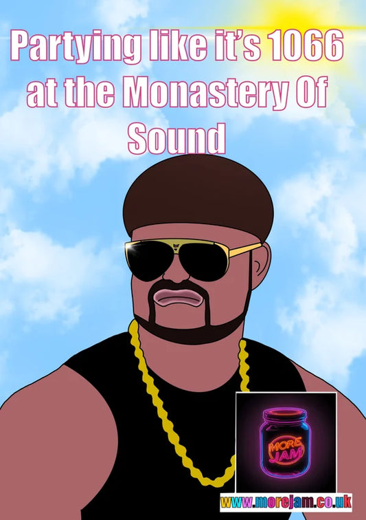 1066 at the Monastery of Sound | Funny Ibiza Final Boss Greetings Card | More Jam